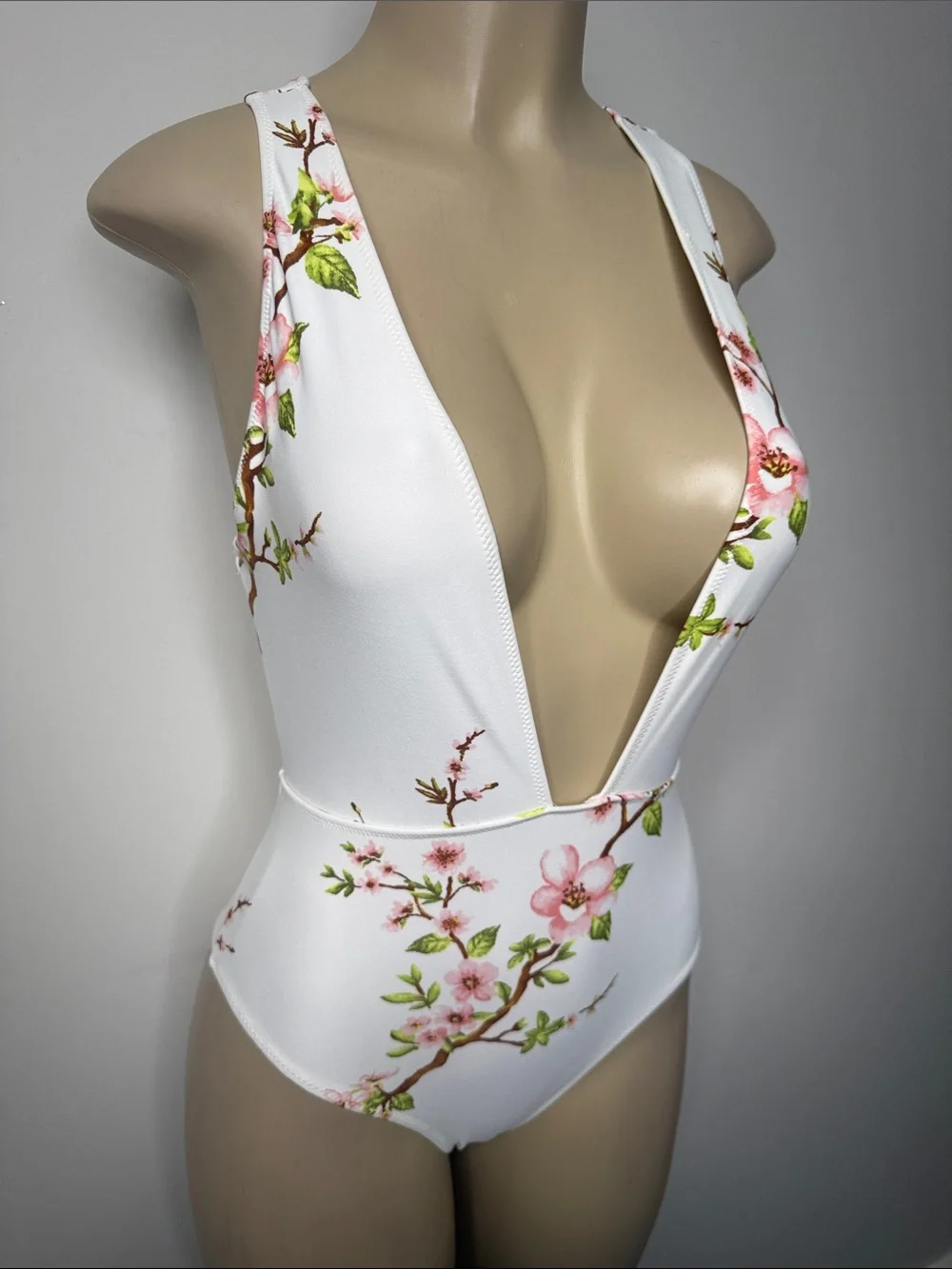 Forever 21 White Floral Plunge One-Piece Swimsuit
